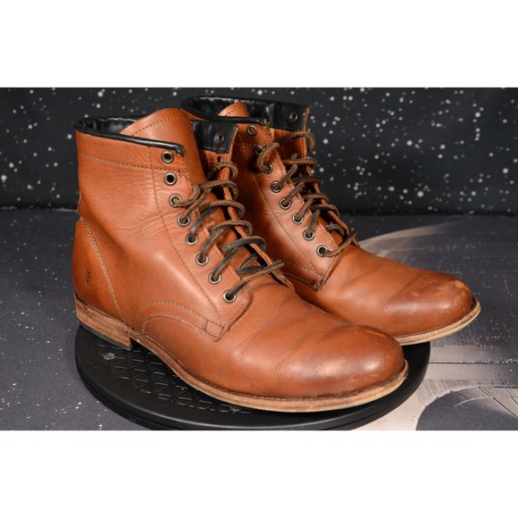 Frye Boots Mens Size 11.5 Brown Cognac Leather Lace Up Ankle Workwear Plain Toe - Picture 1 of 12